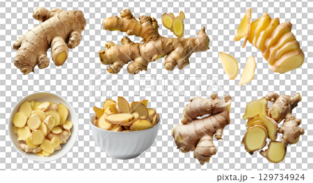 Ginger root vegetable herb, many angles and view side top front cluster pile slice isolated on transparent background cutout, PNG file. Mockup template for artwork graphic design 129734924