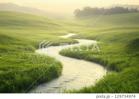 朝靄の草原を流れる清らかな小川 朝靄の草原を流れる清らかな小川 129734974