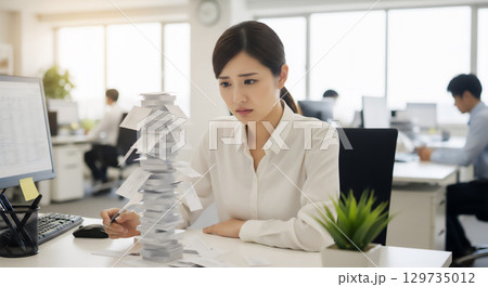 名刺管理に翻弄される女性 名刺管理に翻弄される女性 129735012