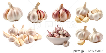Garlic vegetable herb, many angles and view side top front cluster pile group isolated on transparent background cutout, PNG file. Mockup template for artwork graphic design 129735013