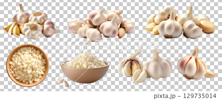 Garlic vegetable herb, many angles and view side top front cluster pile group isolated on transparent background cutout, PNG file. Mockup template for artwork graphic design 129735014