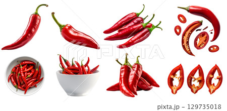 Red chili chilli chilies pepper fruit vegetable, many angles view side top front group slice cut on transparent background cutout, PNG file. Mockup template for artwork graphic design 129735018