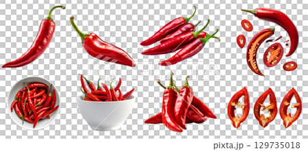 Red chili chilli chilies pepper fruit vegetable, many angles view side top front group slice cut on transparent background cutout, PNG file. Mockup template for artwork graphic design 129735018