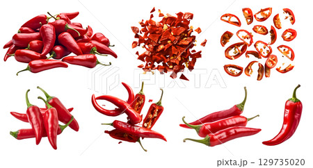 Red chili chilli chilies pepper fruit vegetable, many angles view side top front group slice cut on transparent background cutout, PNG file. Mockup template for artwork graphic design 129735020
