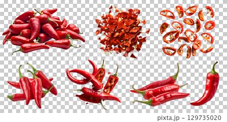 Red chili chilli chilies pepper fruit vegetable, many angles view side top front group slice cut on transparent background cutout, PNG file. Mockup template for artwork graphic design 129735020