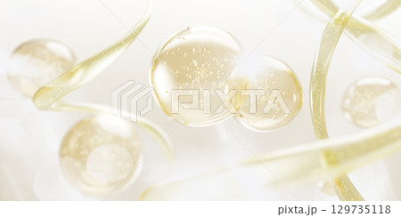 Gold liquid gel cream oil texture 3d background. Yellow fluid flow with wave lines and drops bubbles. Serum, hyaluronic essence, keratin or biotin vitamin for beauty skin or hair care. 3D illustration 129735118