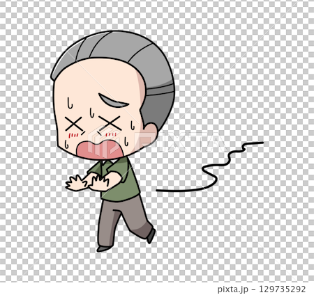 Illustration of an elderly man who cannot walk straight due to the heat 129735292