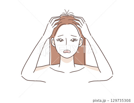 傷んだ髪に悩む女性のイラスト素材 129735308