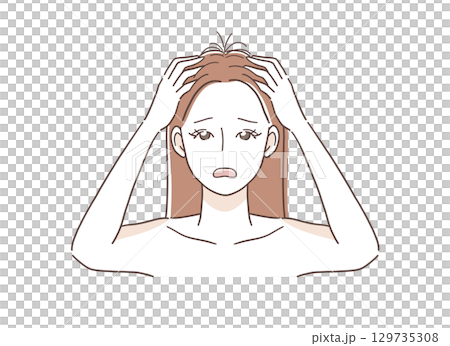 傷んだ髪に悩む女性のイラスト素材 129735308