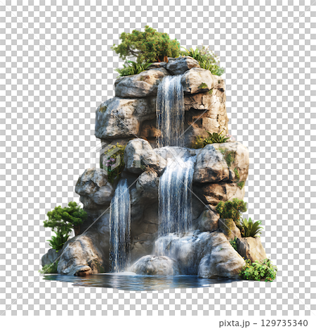 Serene Waterfall Rock Garden Feature On Transparent Background 129735340