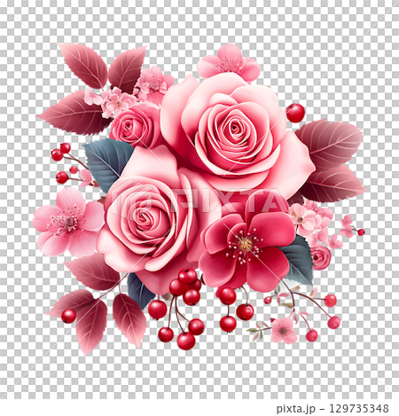 Pink Roses Bouquet Floral Arrangement Botanical Illustration Wedding Flowers On Transparent Background 129735348