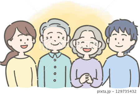 シニア夫婦と若い男女の家族のイラスト 129735432