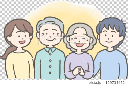 シニア夫婦と若い男女の家族のイラスト 129735432