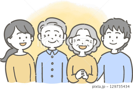 シニア夫婦と若い男女の家族のイラスト 129735434