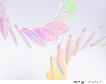 Pearlescent ribbons of rows glass translucent square plate shapes. Abstract wave line pattern with neon rainbow light gradient, holographic colors. Dynamic tech 3d render background. 3D illustration 129735443