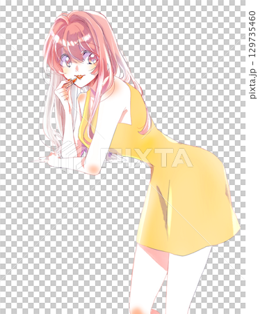 口紅を塗っている女性　笑顔 129735460