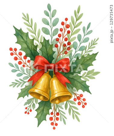 Christmas Leaves Bouquet Clipart. Festive Flowers. Winter bouquets with golden bells, red bows, holly leaves and berries. Christmas decor set. Christmas Leaves Bouquet Clipart. Festive Flowers. Winter bouquets with golden bells, red bows, holly leaves and berries. Christmas decor set. 129735473