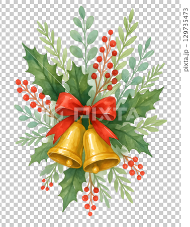 Christmas Leaves Bouquet Clipart. Festive Flowers. Winter bouquets with golden bells, red bows, holly leaves and berries. Christmas decor set. Christmas Leaves Bouquet Clipart. Festive Flowers. Winter bouquets with golden bells, red bows, holly leaves and berries. Christmas decor set. 129735473