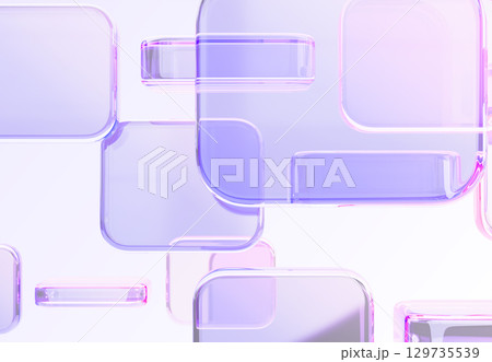 Abstract geometric block 3d background. Iridescent glass transparent square pattern with purple pink gradient. Futuristic digital technology, crystal hologram rectangle shapes render. 3D illustration 129735539