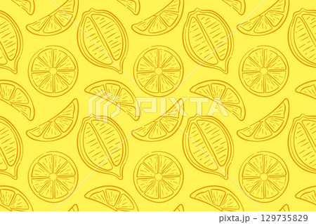 Seamless citrus pattern with line art style lemon slice on a yellow background. Perfect for fruit package, kitchen decor and summer theme. 129735829
