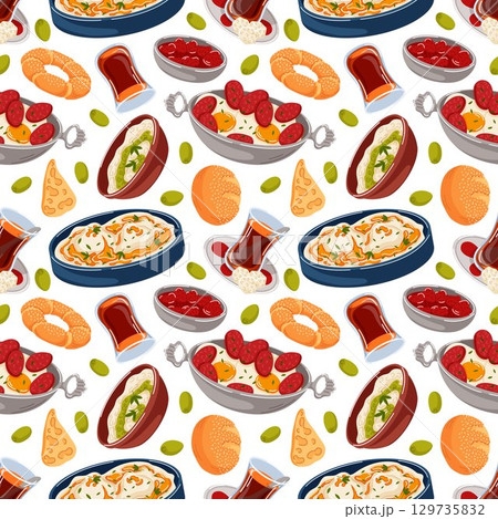 Seamless pattern with traditional Turkish breakfast dish tea, poached eggs, sucuk, bread, olives, strawberry jam and pastry. Perfect for food packaging, textile design and culinary theme. 129735832