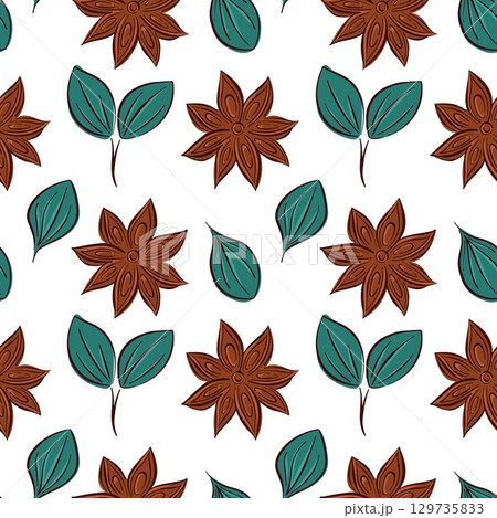 Seamless pattern of star anise with cinnamon leaf in flat style on white background. Perfect for spice delivery package, kitchen wallpaper or natural food theme design. Seamless pattern of star anise with cinnamon leaf in flat style on white background. Perfect for spice delivery package, kitchen wallpaper or natural food theme design. 129735833