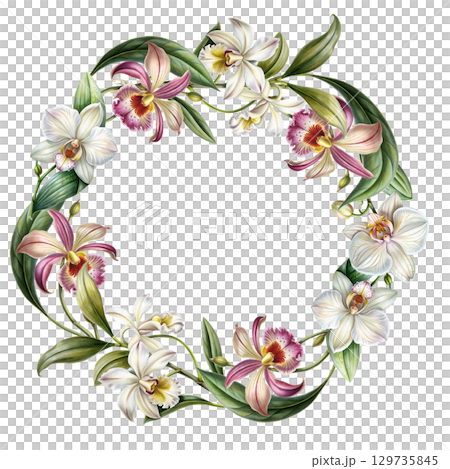 Orchidea flower circle wreath frame. Pink and white exotic tropical floral background for cord or invite  129735845