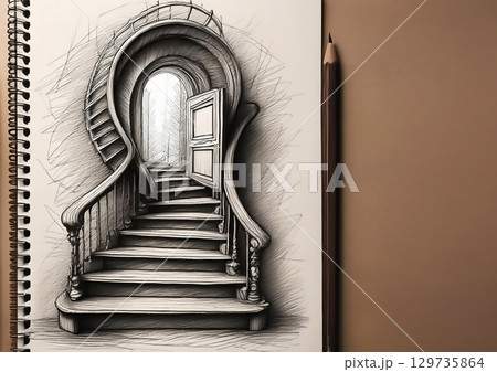 スケッチブックに描いた抽象的な扉と階段の3dイラスト スケッチブックに描いた抽象的な扉と階段の3dイラスト 129735864
