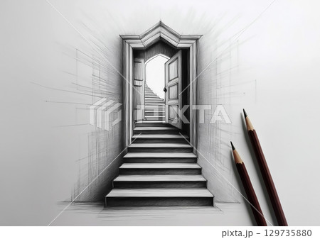 スケッチブックに描いた抽象的な階段と扉の3dイラスト 129735880