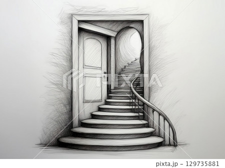 スケッチブックに描いた抽象的な階段と扉の3dイラスト 129735881