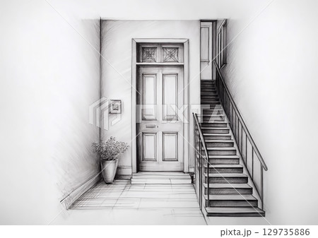 スケッチブックに描いた抽象的な階段と扉の3dイラスト 129735886