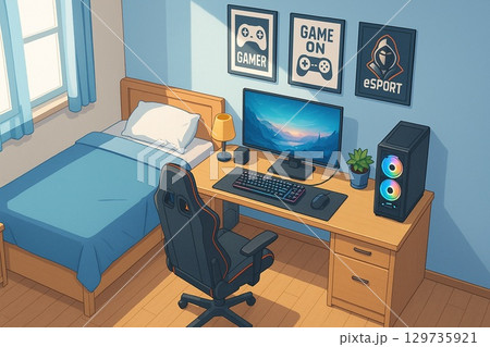 青い壁とベッドがある明るいゲーミング部屋 129735921