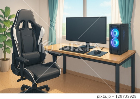 大きな窓と観葉植物が映える爽やかなゲーミングルーム 129735929