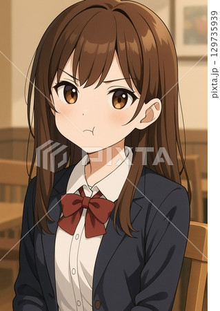 頬をふくらませる美少女の表情イラスト｜アニメ風・かわいい・女性 129735939