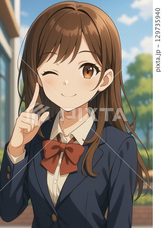 元気にウィンクする美少女の制服イラスト｜アニメ風・青春・女性 129735940