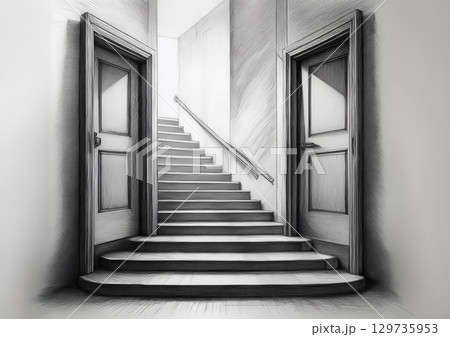 スケッチブックに描いた抽象的な階段と扉の3dイラスト 129735953