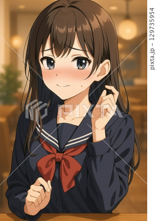 赤面して戸惑う美少女イラスト|アニメ風・青春・女性 赤面して戸惑う美少女イラスト|アニメ風・青春・女性 129735954