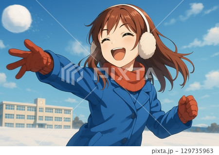 雪合戦を楽しむ女子学生　耳あてと赤い手袋の元気な笑顔　アニメ風イラスト 129735963