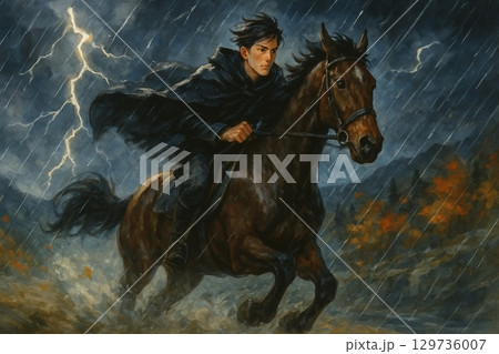 雷雨の中を駆ける青年と馬 129736007