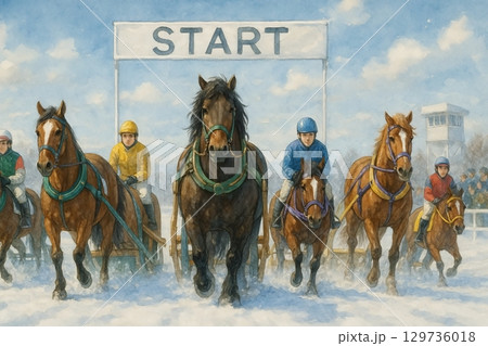 スタートするばんえい競馬の馬たち（水彩風） 129736018