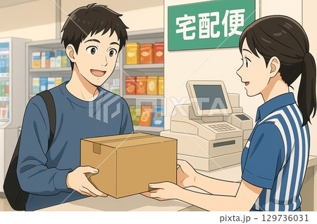 コンビニで宅配便を受け取る男性 129736031