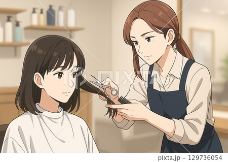 美容室でスタイリストが集中してお客様の髪をカットする様子 129736054