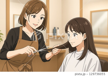 美容室で笑顔のスタイリストがお客様の髪をカットする場面 129736055