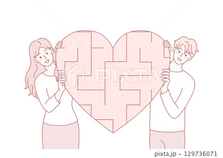 Couple with heart labyrinth finding love 129736071