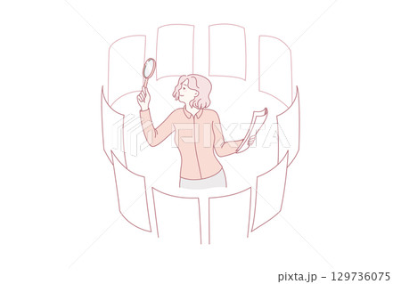 Businesswoman with magnifier glass search career options 129736075