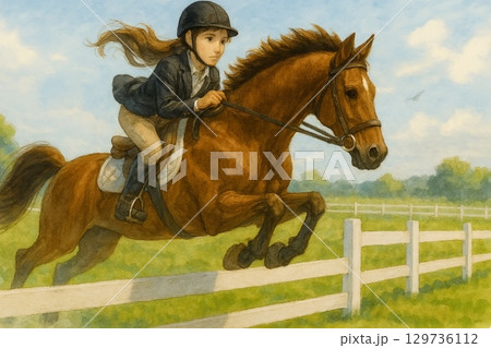 障害飛越に挑む少女と馬 障害飛越に挑む少女と馬 129736112