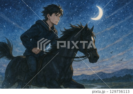 月夜を駆ける青年と黒馬 129736113