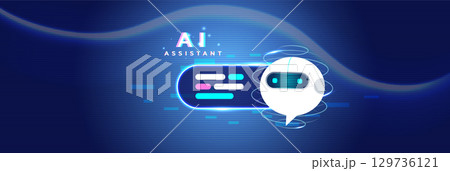 Futuristic AI Chatbot Assistant with Speech Bubble on Digital Background Futuristic AI Chatbot Assistant with Speech Bubble on Digital Background 129736121