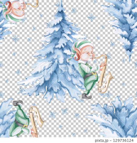 Seamless pattern with elf-saxophonist and Christmas tree. Watercolor illustration for printing on fabric, packaging, Christmas interior design, children's clothing, linen, postcards. 129736124