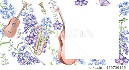 Rectangular frame with saxophone and musical instruments on the background of garden flowers. Isolated watercolor illustration in realistic style for design of invitations, labels, postcards. 129736126